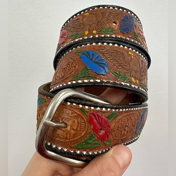 Vintage Western Brown Tooled Leather Belt Made in Mexico Hand Painted Size M - Picture 3 of 12
